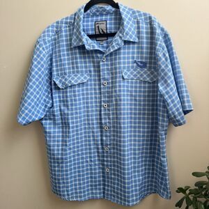 Mojo Fishing Shirt Mens 2XL  Blue Plaid Flap Pockets Short Sleeve Button Up